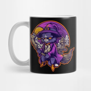 Cat Witch Flying on a Broom Halloween Theme Design Mug